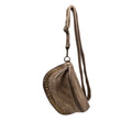 Brown suede crossbody bag with studs on a white background