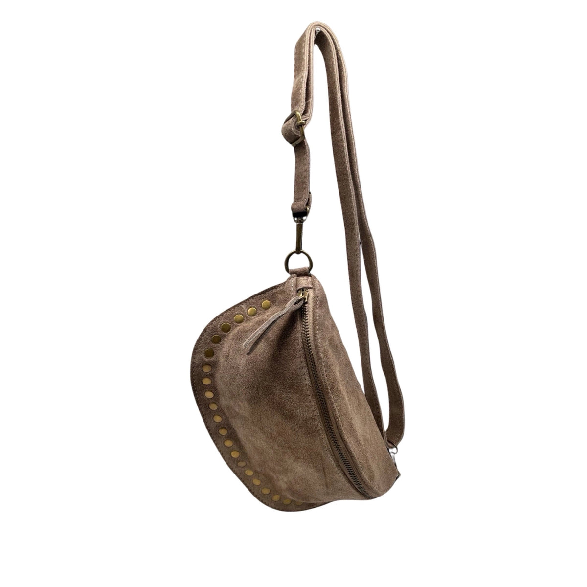 Brown suede crossbody bag with studs on a white background