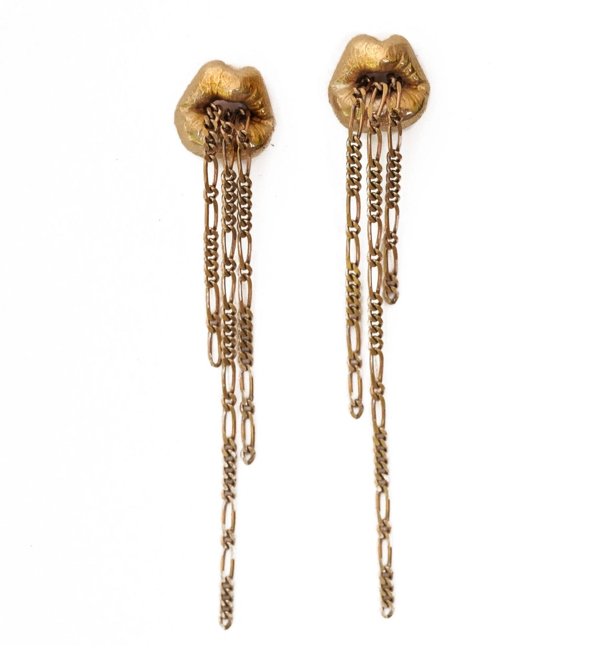 Brass Lips Earrings with Fringe