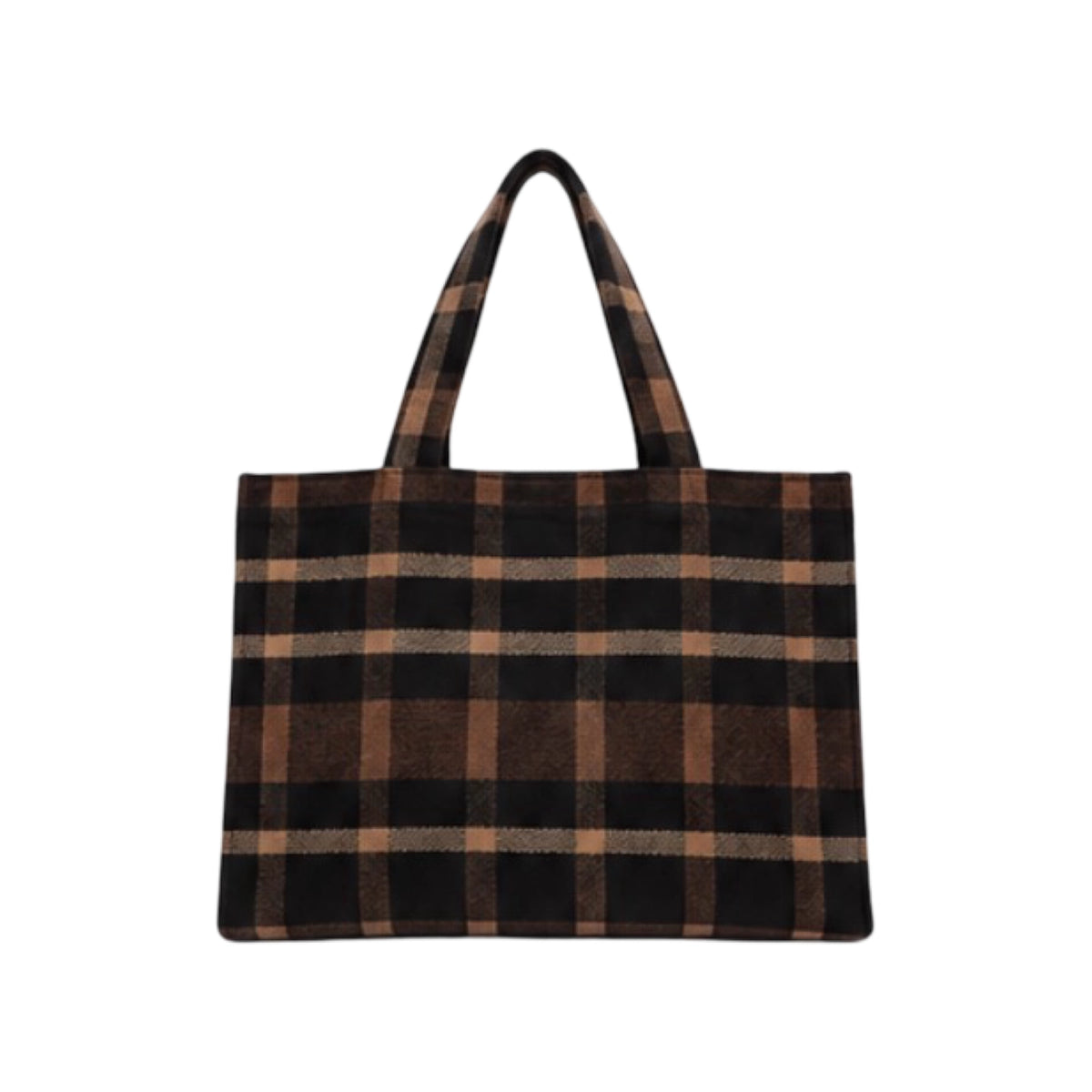 A black and brown plaid tote bag with matching shoulder straps, shown against a plain white background.