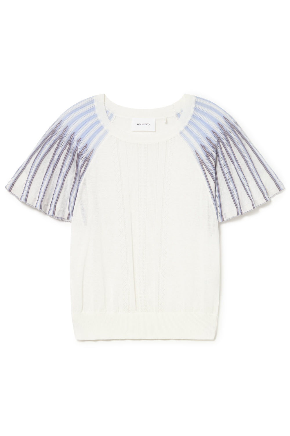 White knit blouse with striped sleeves on a white background