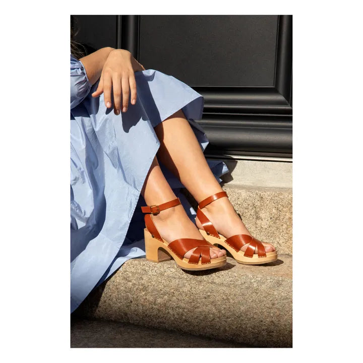 YBiza You You Tan Leather Strappy Clogs
