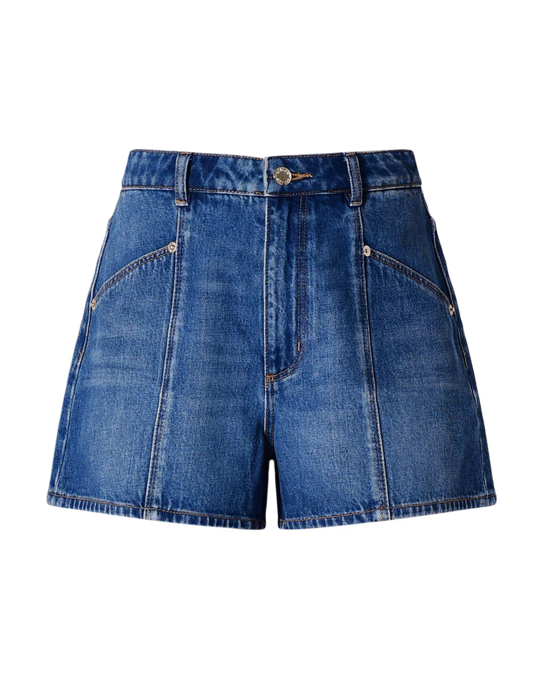 Blue denim shorts on a white background