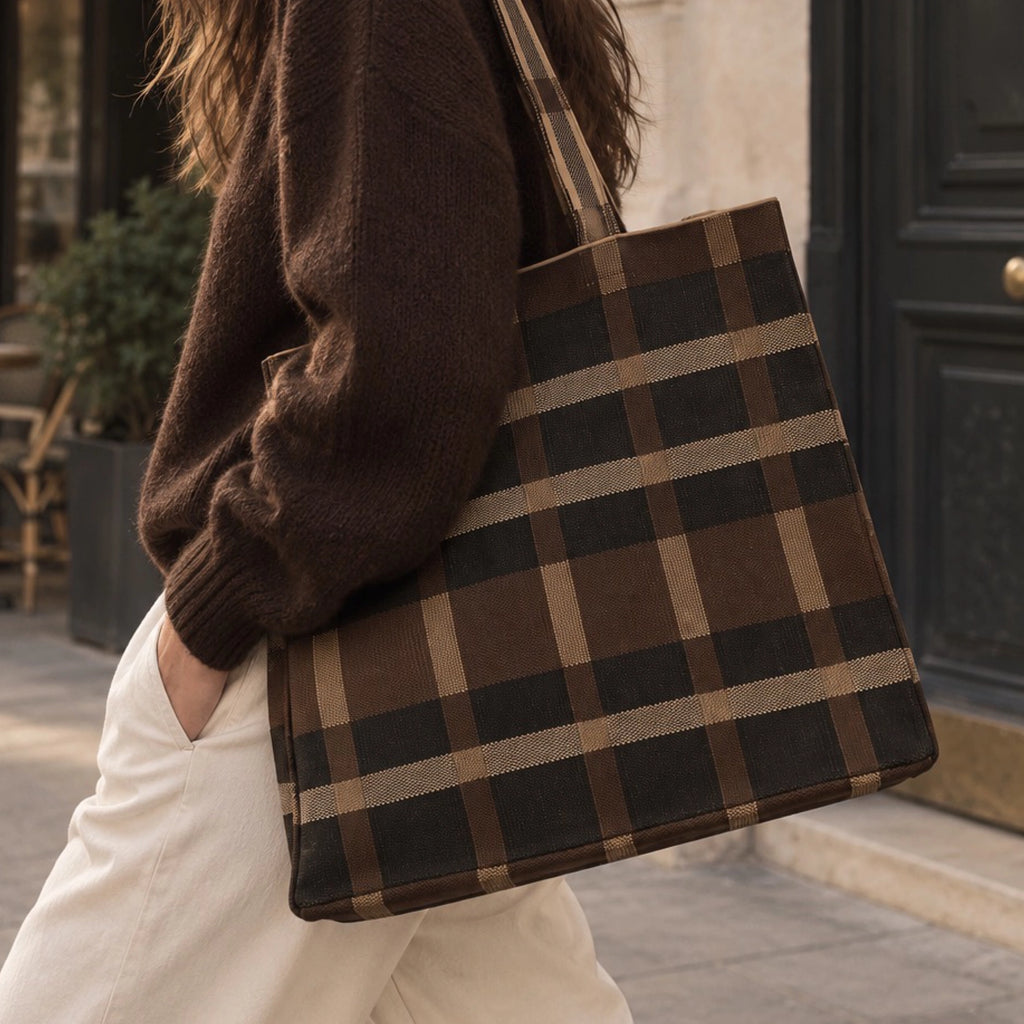 brown black and beige large plaid tote bag 