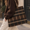 brown black and beige large plaid tote bag 