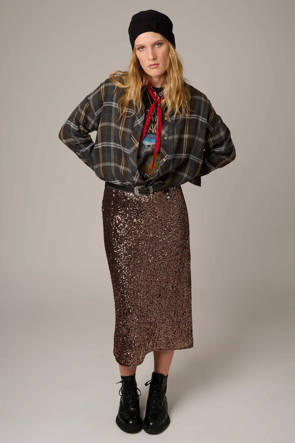 Juan Skirt | Bronze Sequin Straight Silhouette Midi Skirt