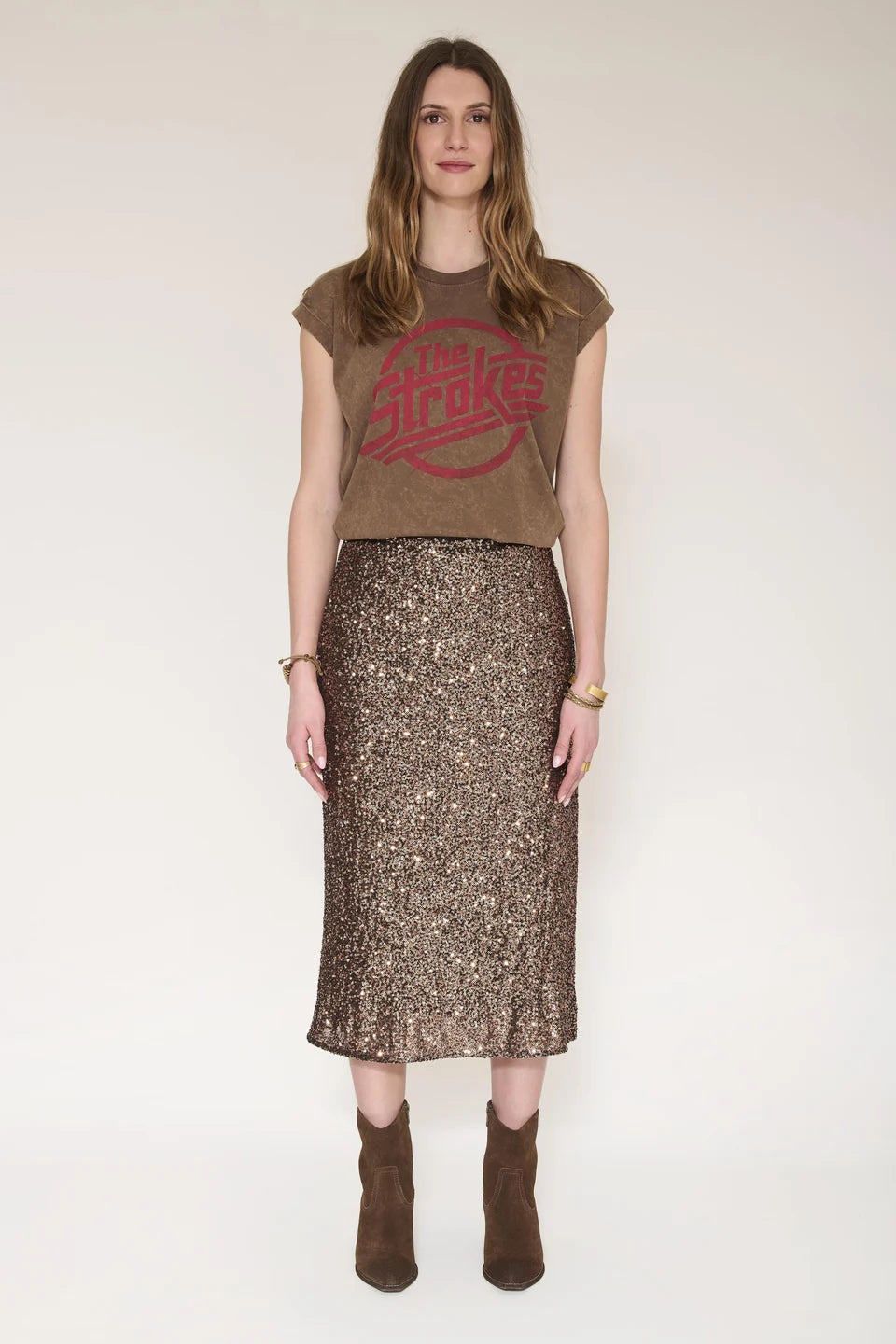 Juan Skirt | Bronze Sequin Straight Silhouette Midi Skirt