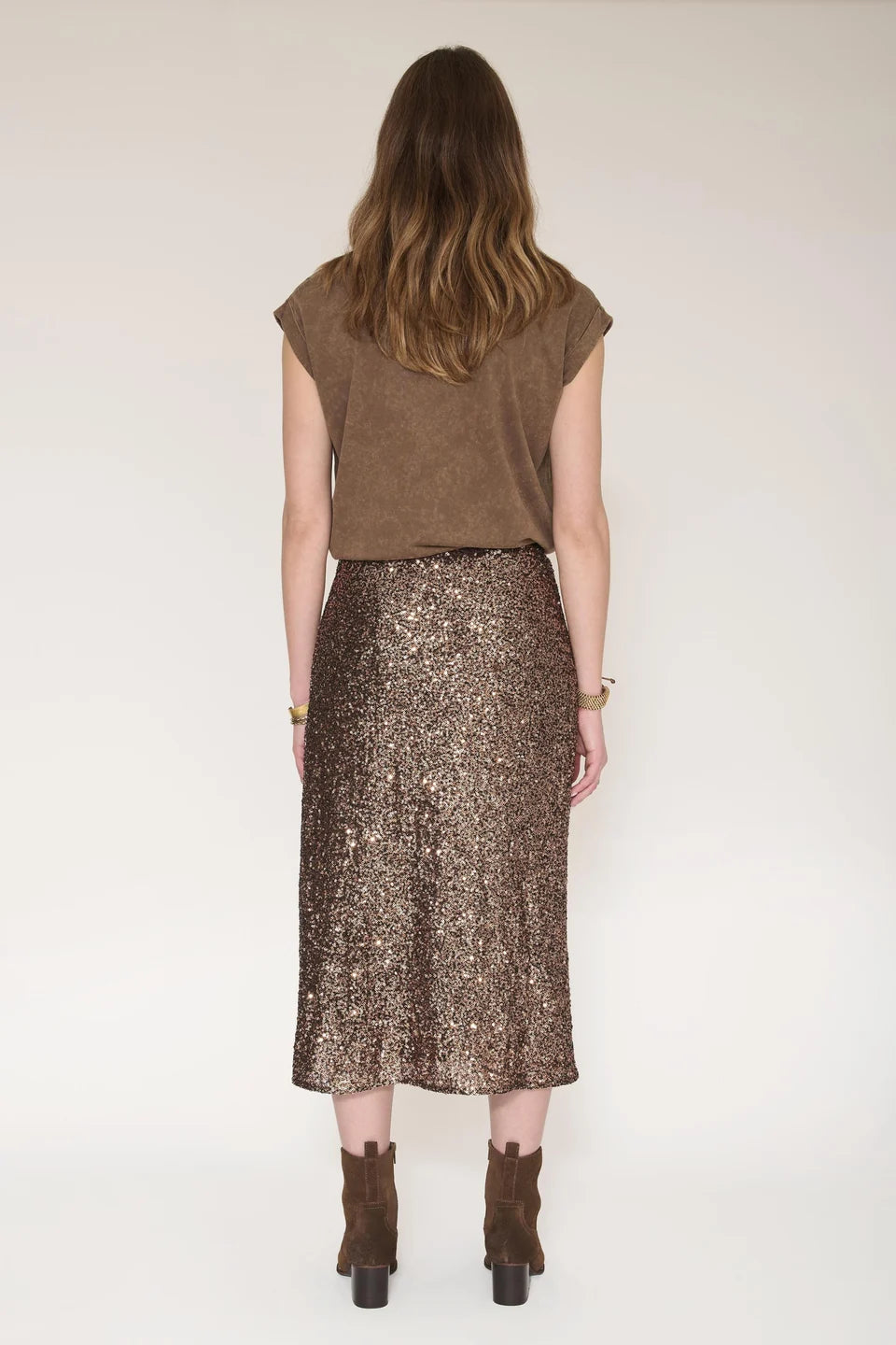 Juan Skirt | Bronze Sequin Straight Silhouette Midi Skirt