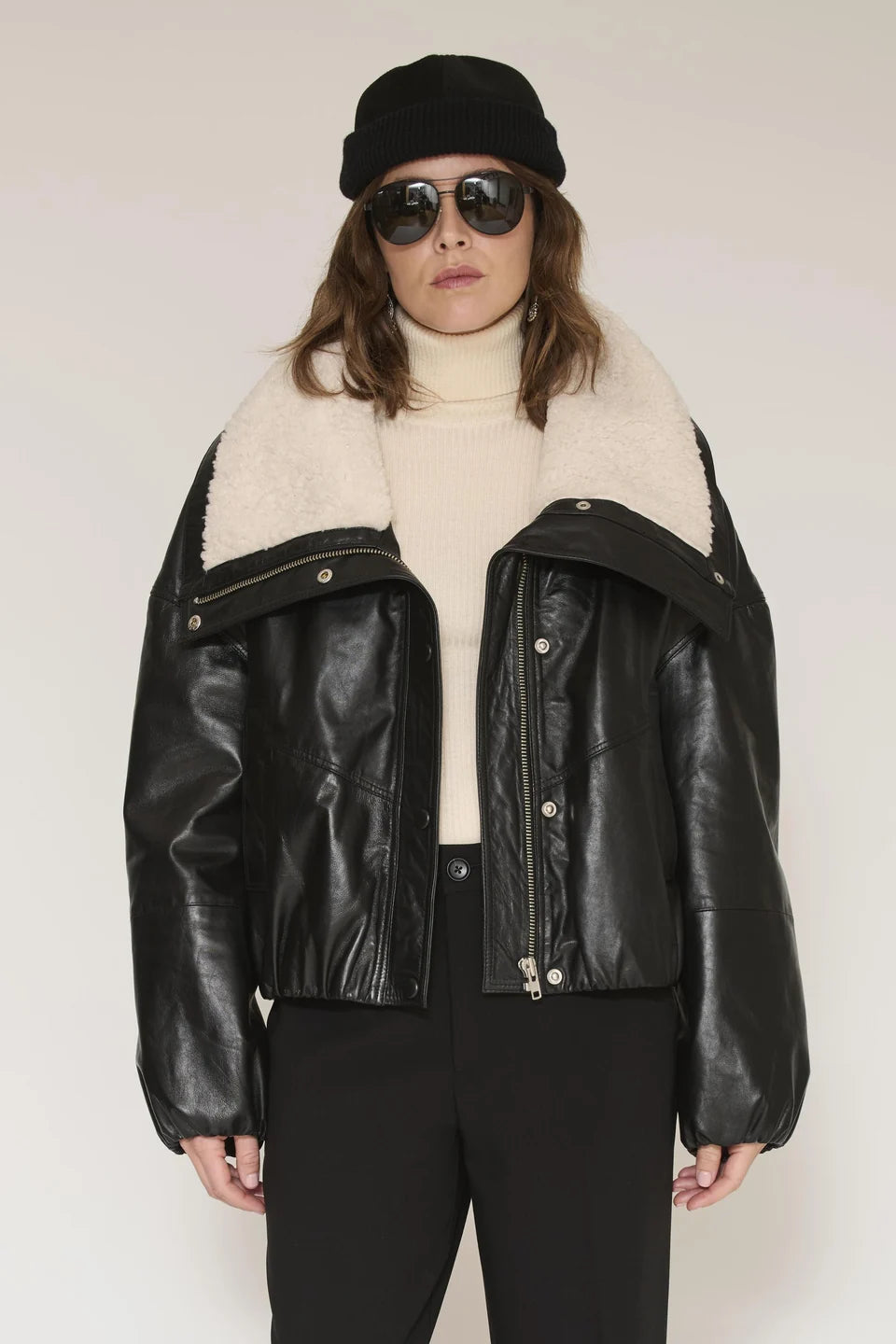 Marcus Coat | Aviator Faux Leather Jacket with Fur Contrast
