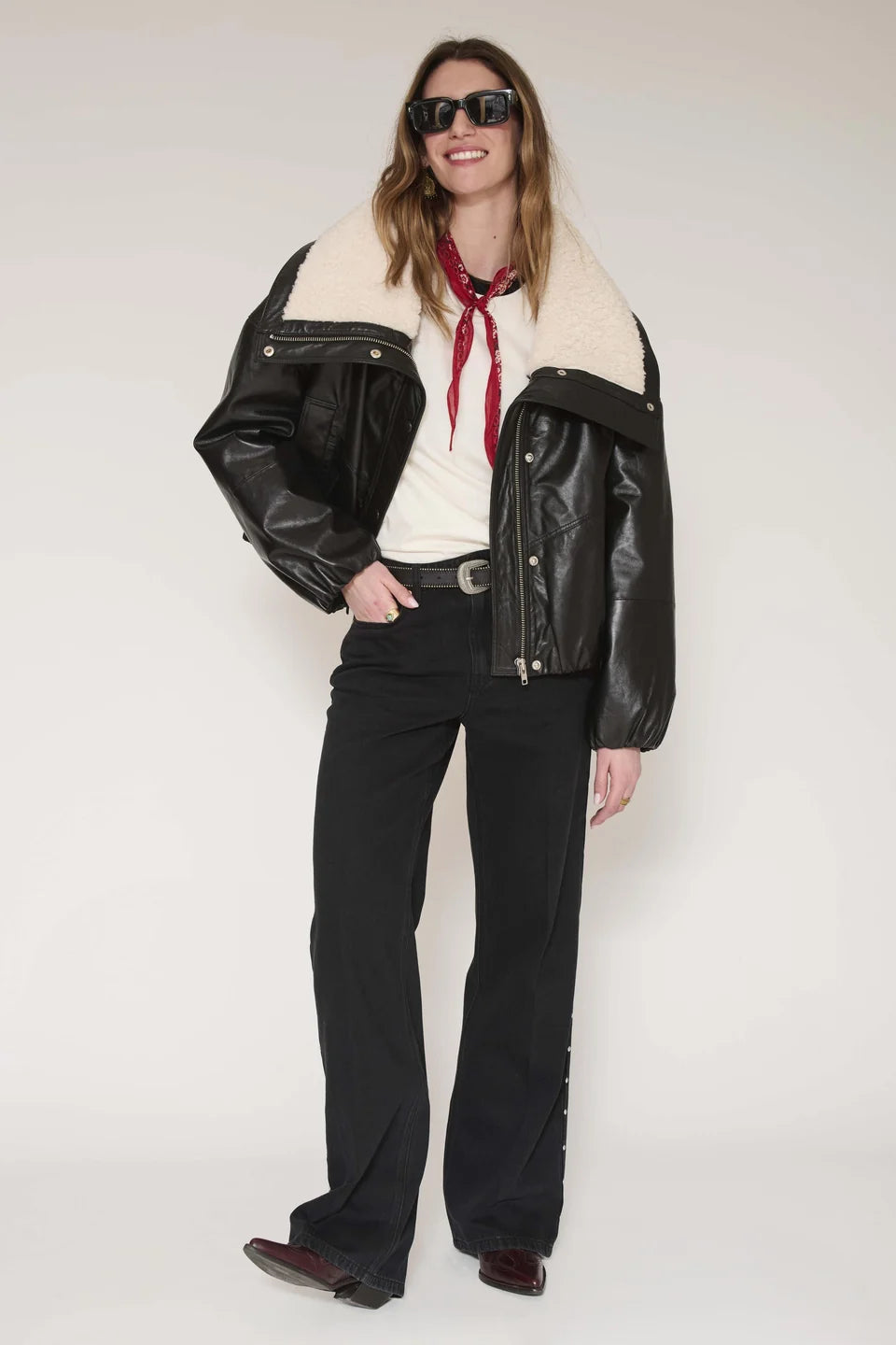 Marcus Coat | Aviator Faux Leather Jacket with Fur Contrast