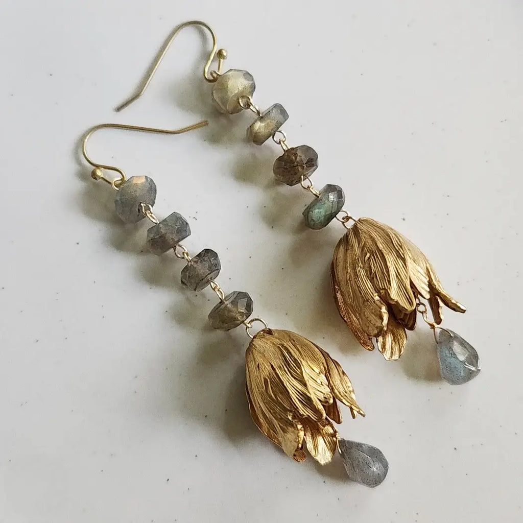 Labradorite and Textured Brass Tulip Earrings
