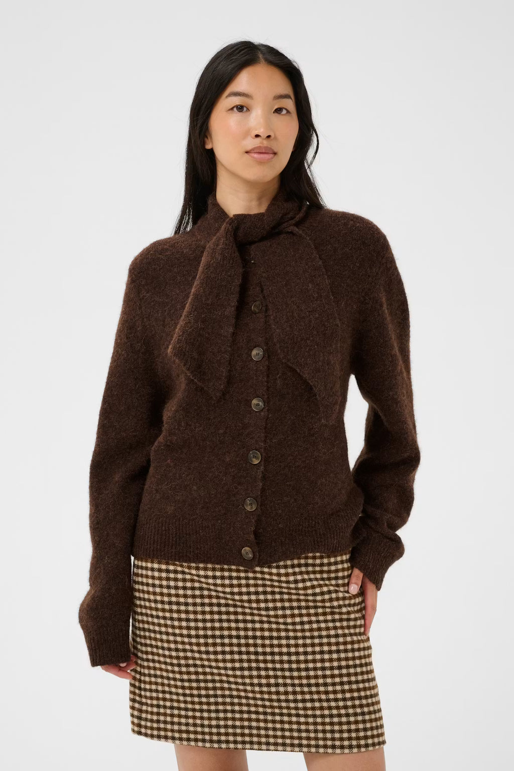 Chanie Alpaca/Wool Chocolate Brown Cardigan with Ascot