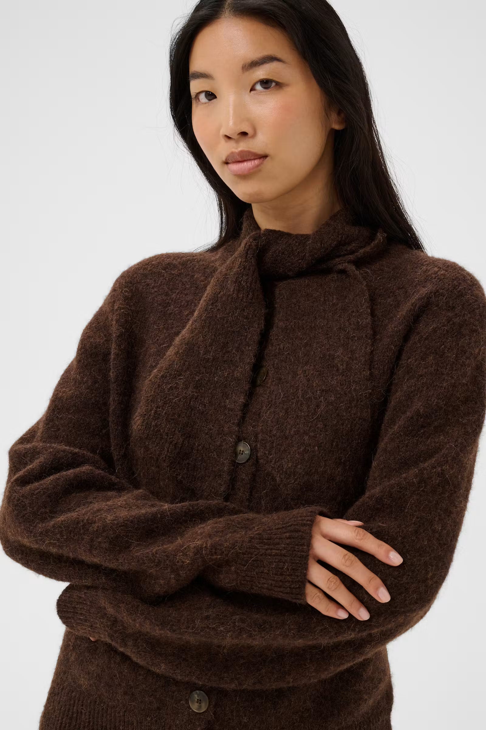 Chanie Alpaca/Wool Chocolate Brown Cardigan with Ascot