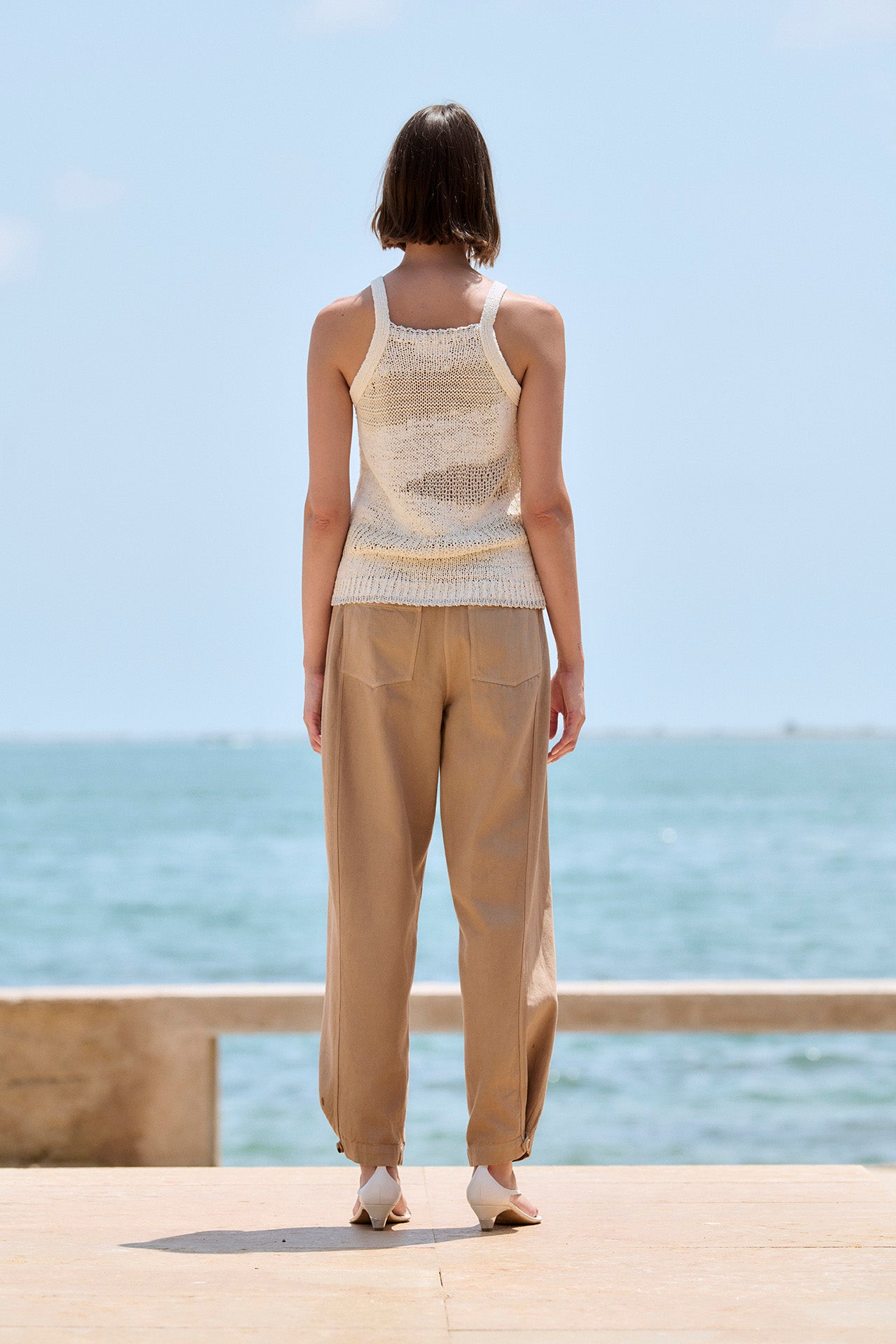 Hand-Knit Beige Rustic Square Neck Tank