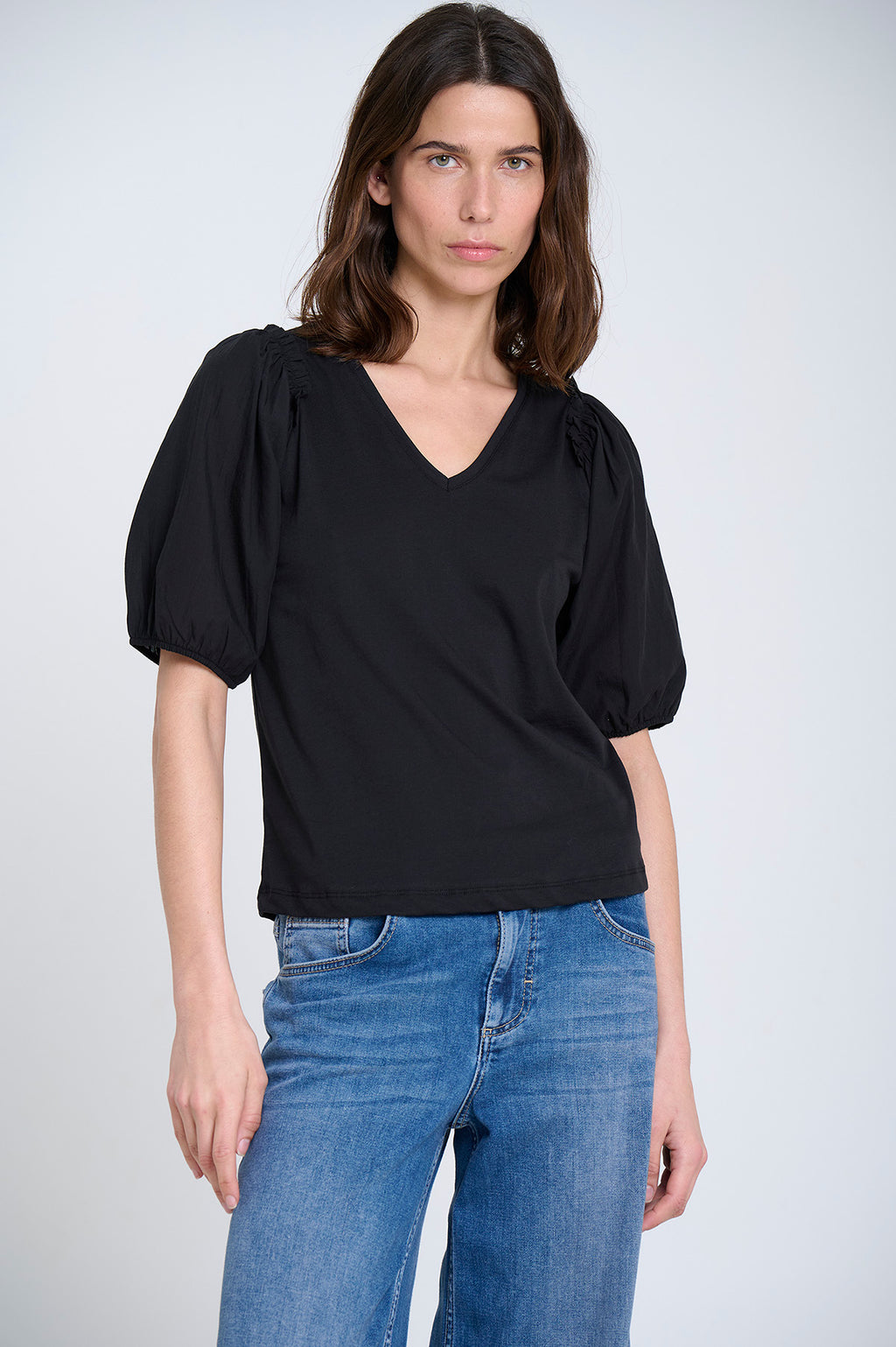 Cotton Voile 3/4 Puff Sleeve Vneck Top