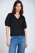 Cotton Voile 3/4 Puff Sleeve Vneck Top