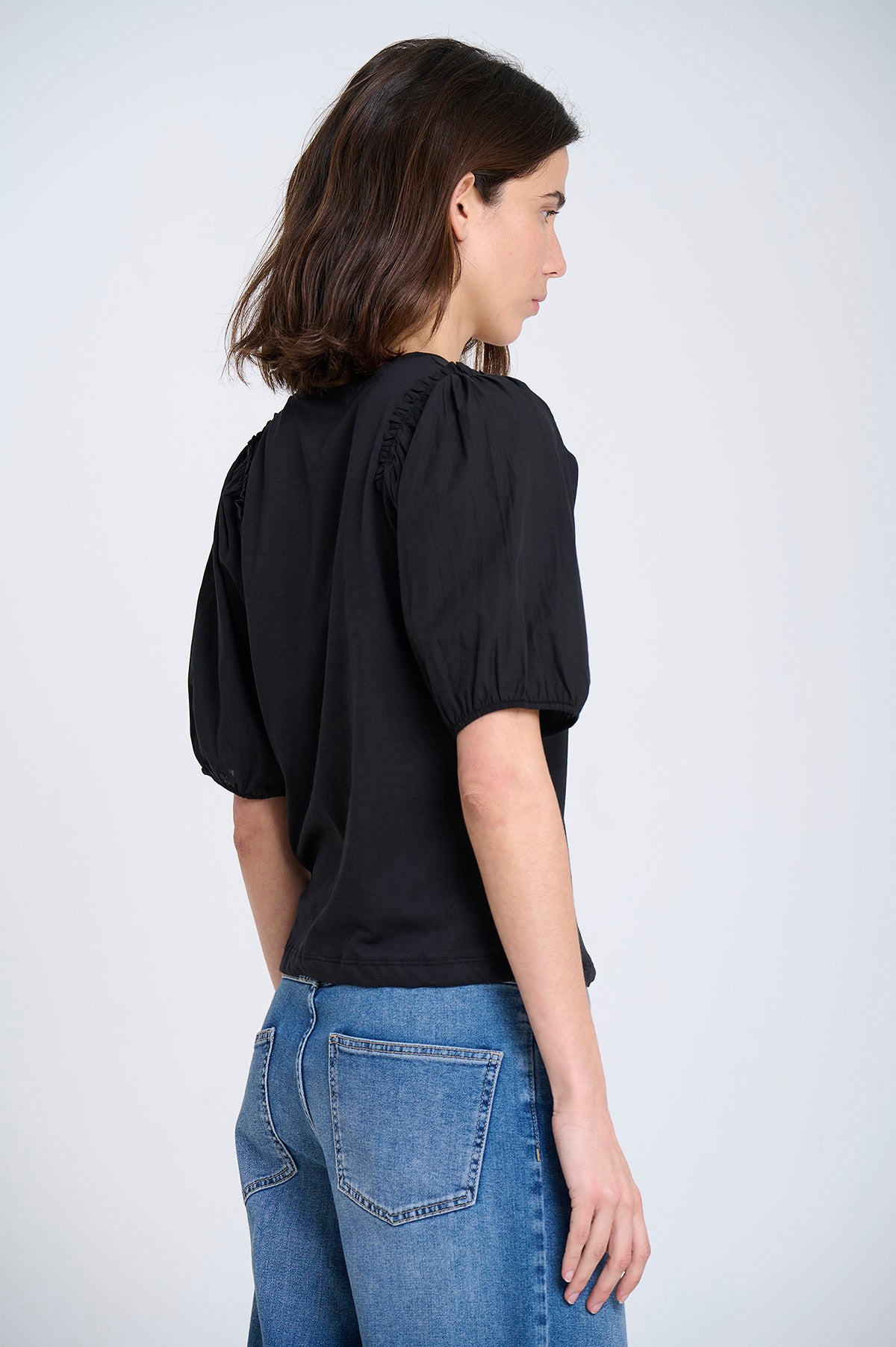 Cotton Voile 3/4 Puff Sleeve Vneck Top