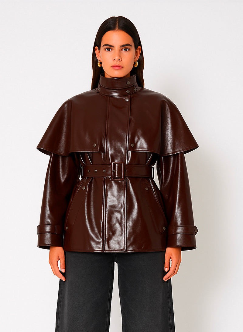 Burgundy Vinyl Cape Jacket with Belt