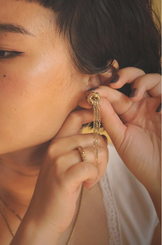 Brass Lips Earrings with Fringe