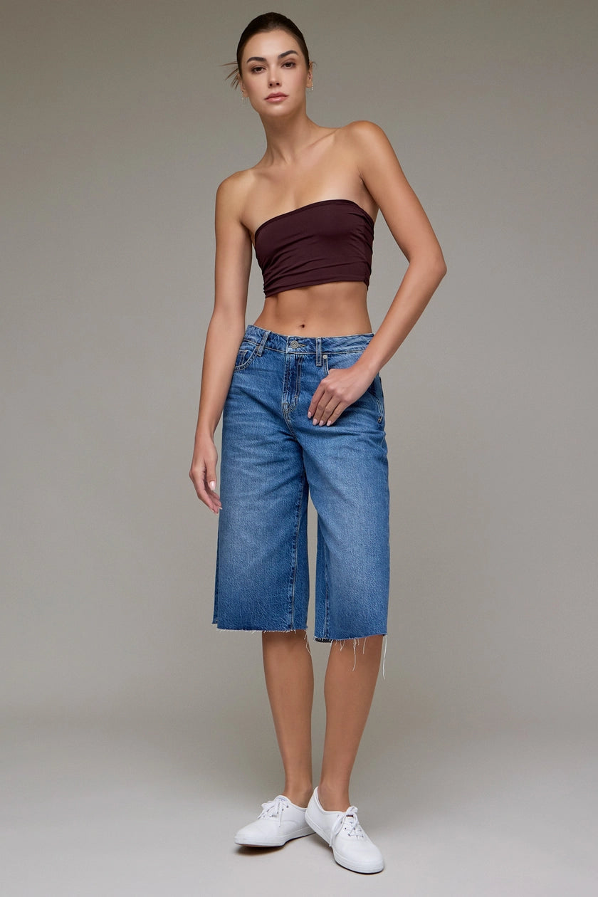 Long Mid-Rise Bermuda Denim Shorts