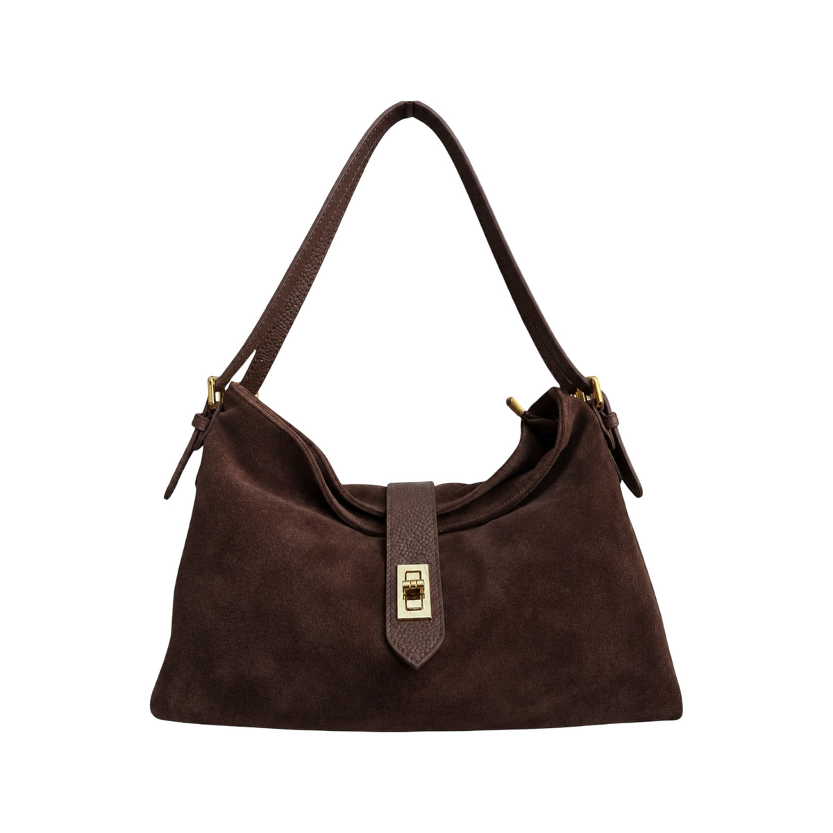 A dark brown suede hobo shoulder bag with a single shoulder strap and a central strap closure featuring a gold-tone metal clasp, shown against a plain white background.
