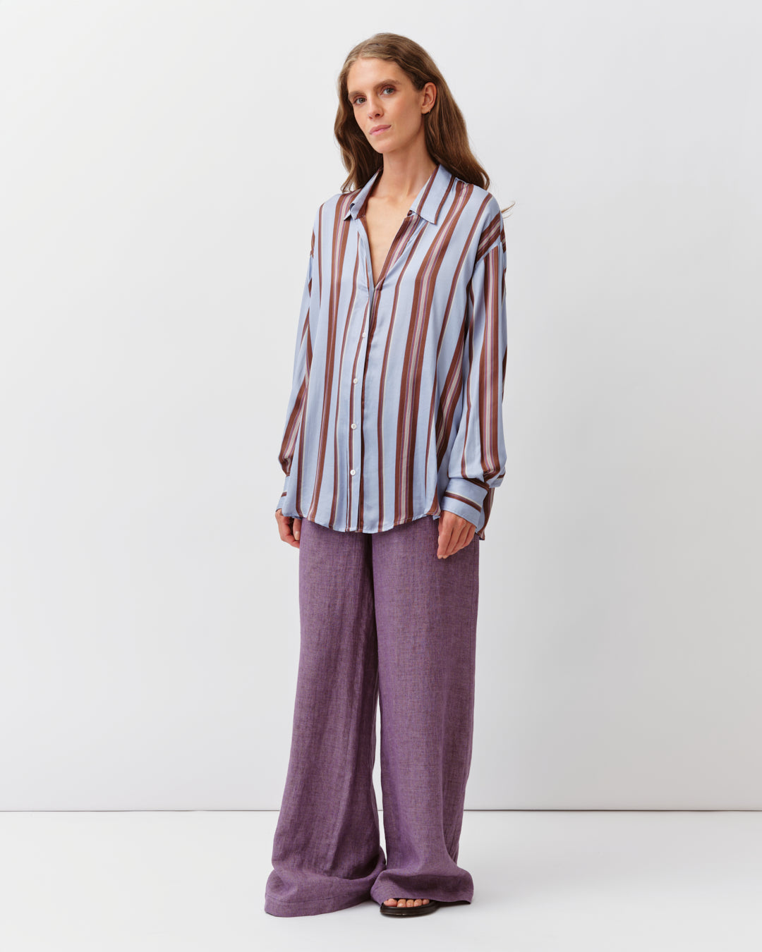 Eggplant Striped Button Down Satin Blouse