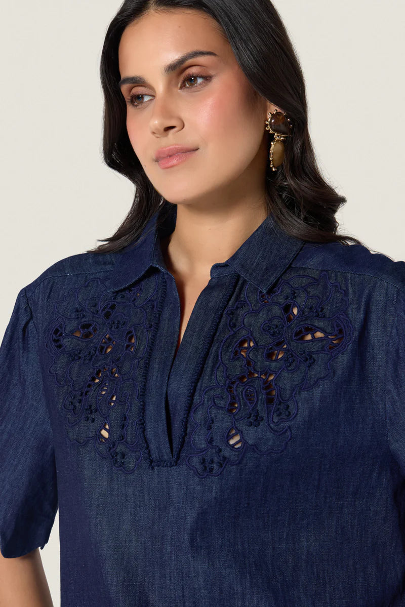 Cotton Denim Embroidered Blouse