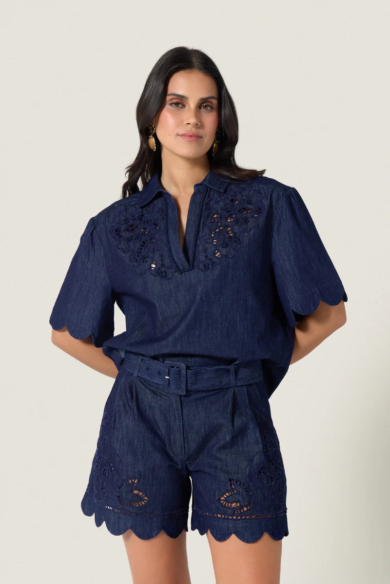 Cotton Denim Embroidered Blouse