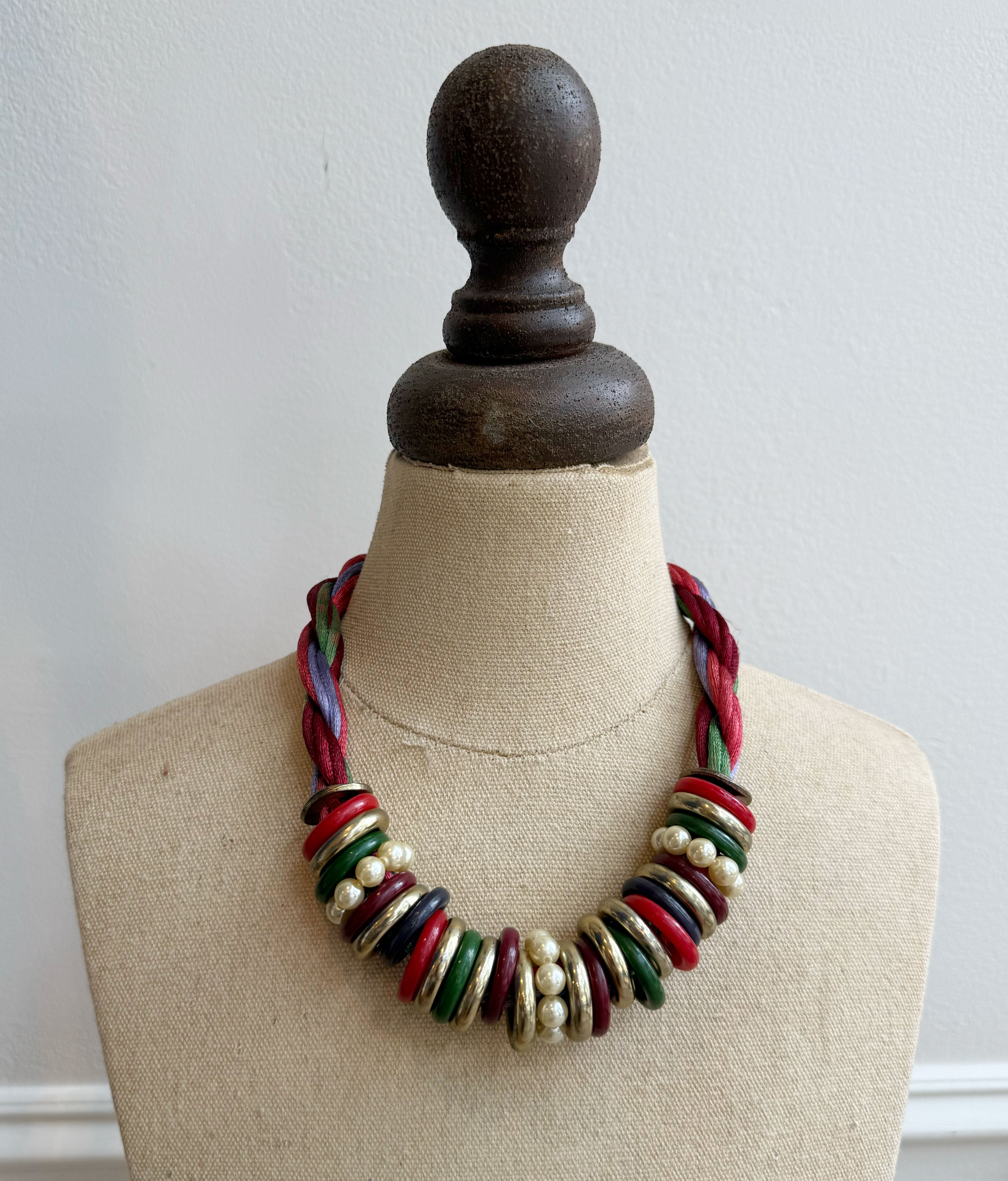 Vintage Paris Fabric Braided Necklace with Rings and Pearls