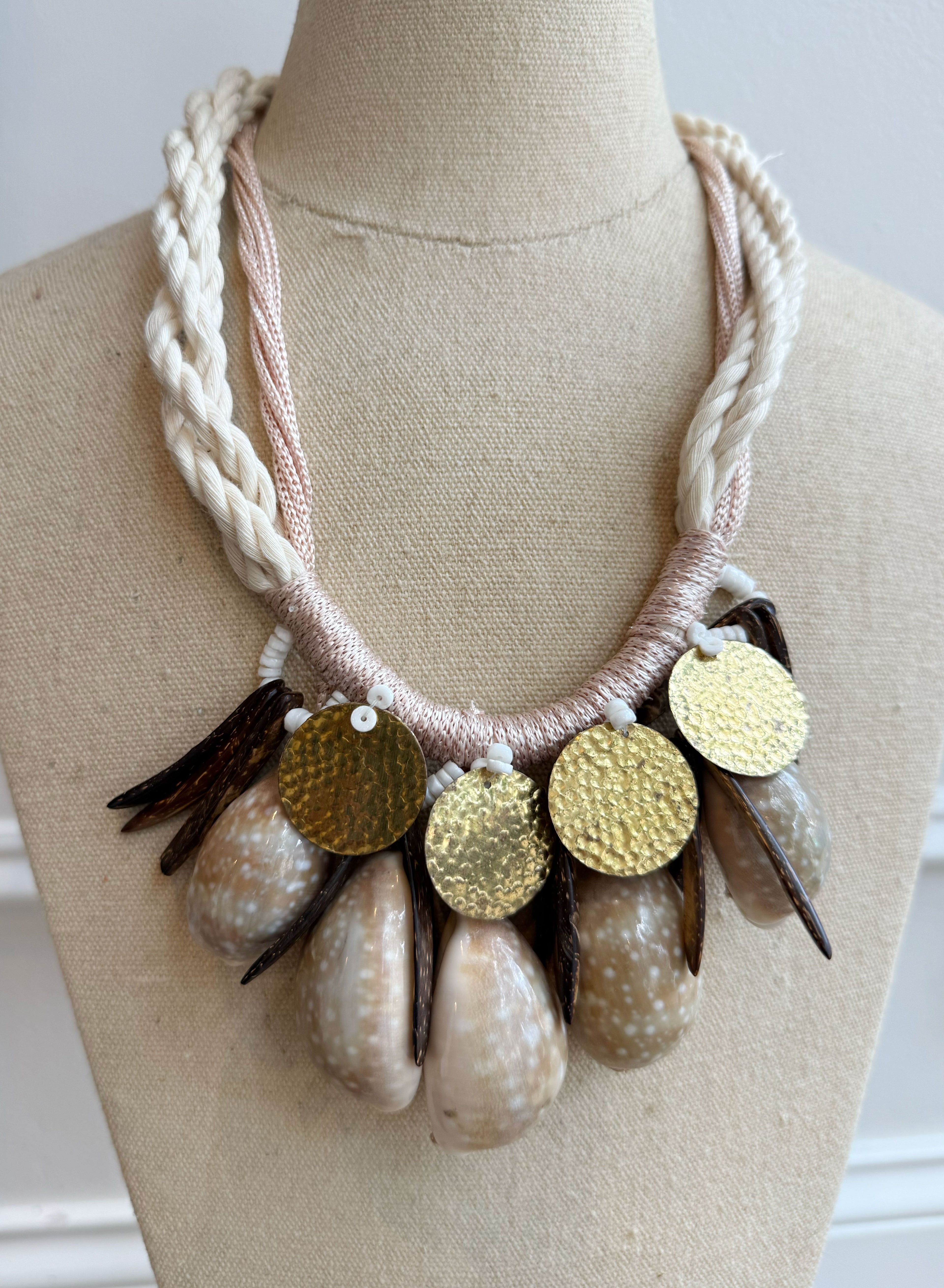Vintage Miami Fabric Rope Chain with Large Shells and Gold Discs