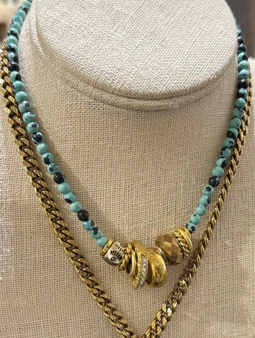 Elizabeth Cole Ines Necklace | Blue Beaded Necklace with Gold accent charms