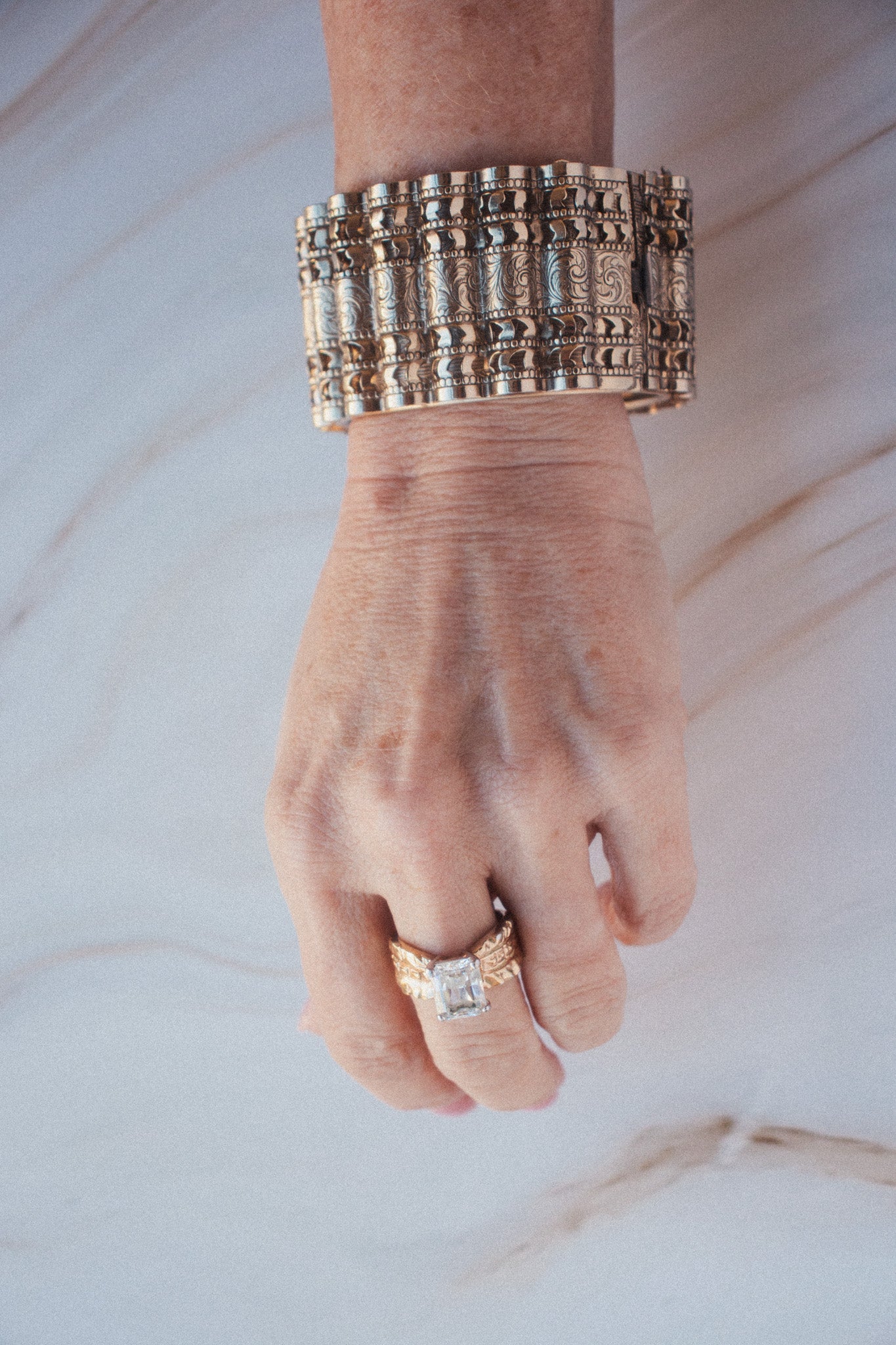 Vintage brutalist gold band/emerald diamond