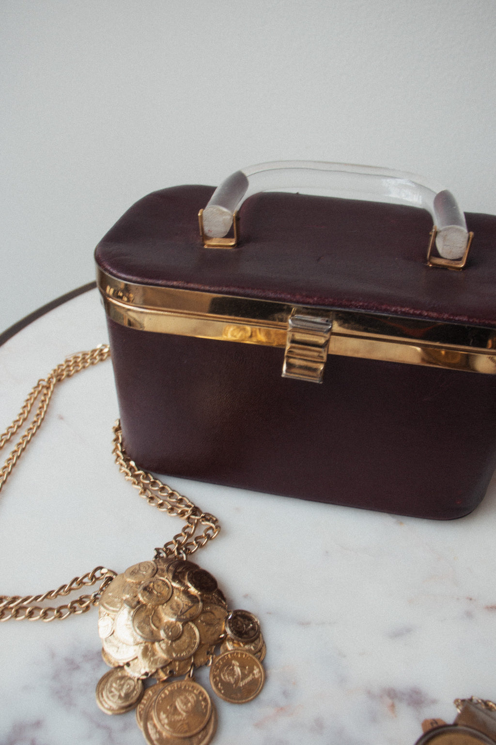 50's Maroon Leather Lucite Box