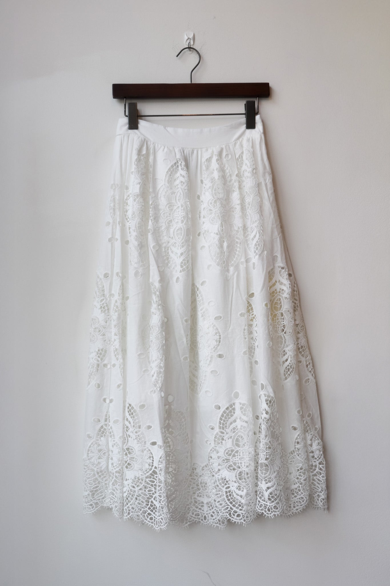 White Embroidered Lace Midi Skirt