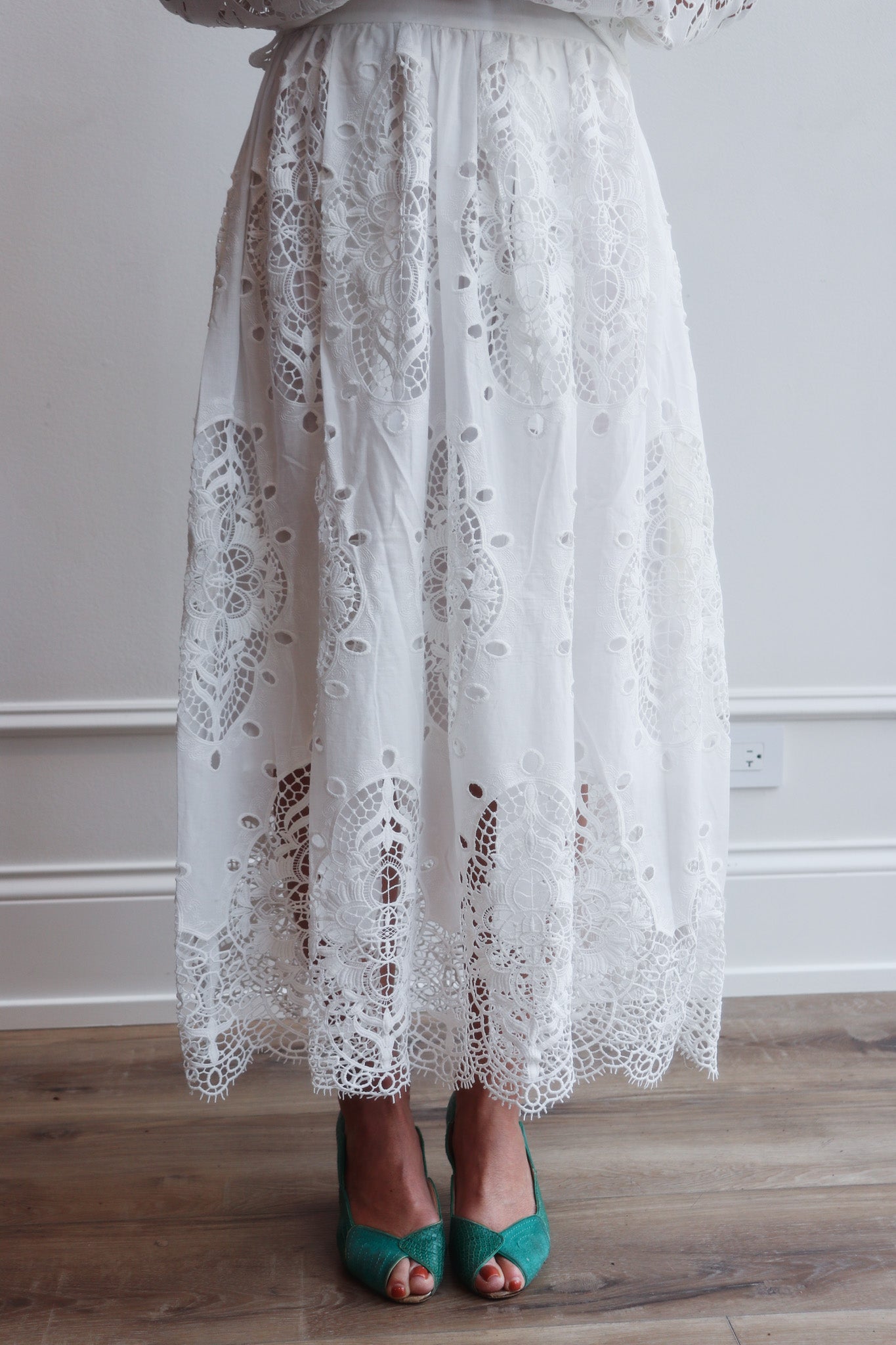 White Embroidered Lace Midi Skirt