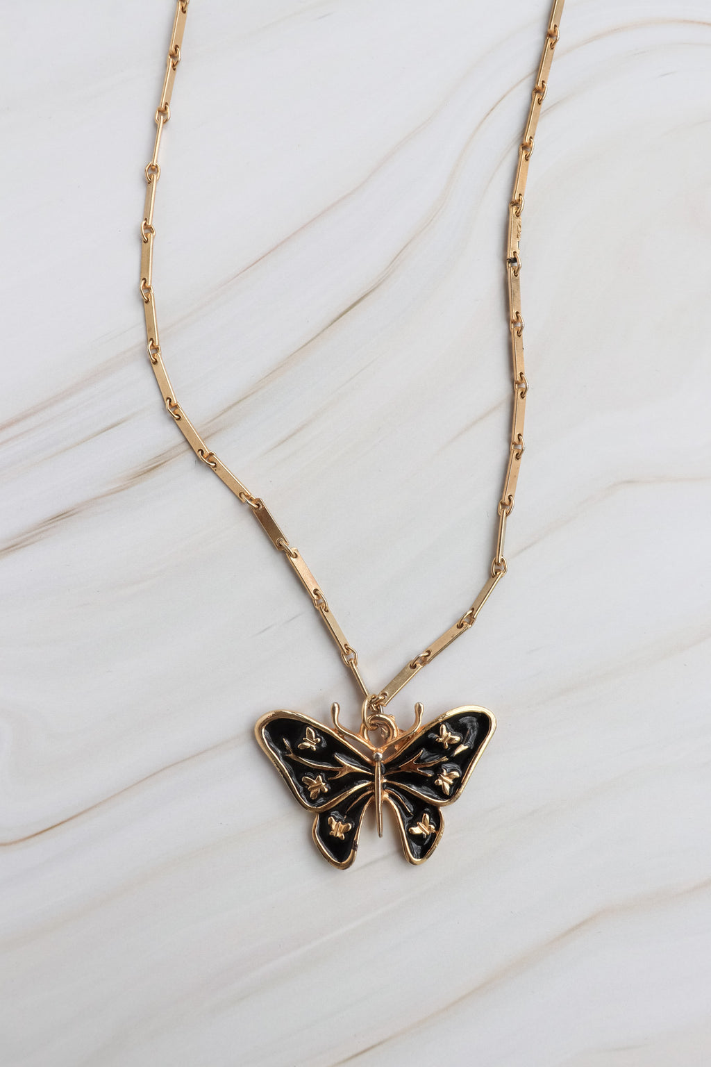 Vintage Black Enamel Butterfly Pendant Necklace