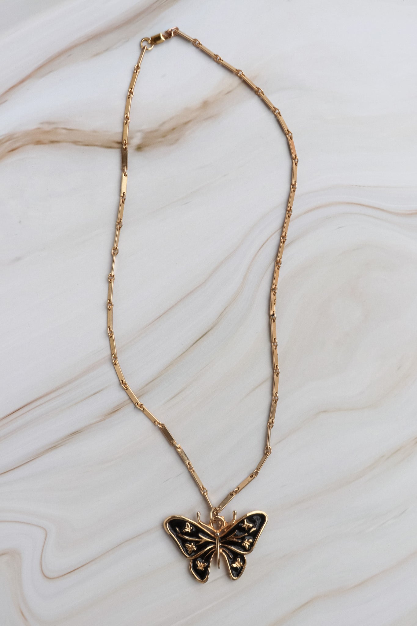 Vintage Black Enamel Butterfly Pendant Necklace