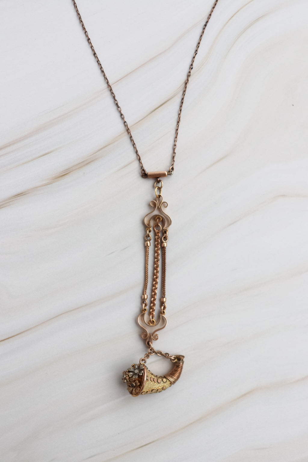 Late 1800's victorian gold horn necklace with old watch fab