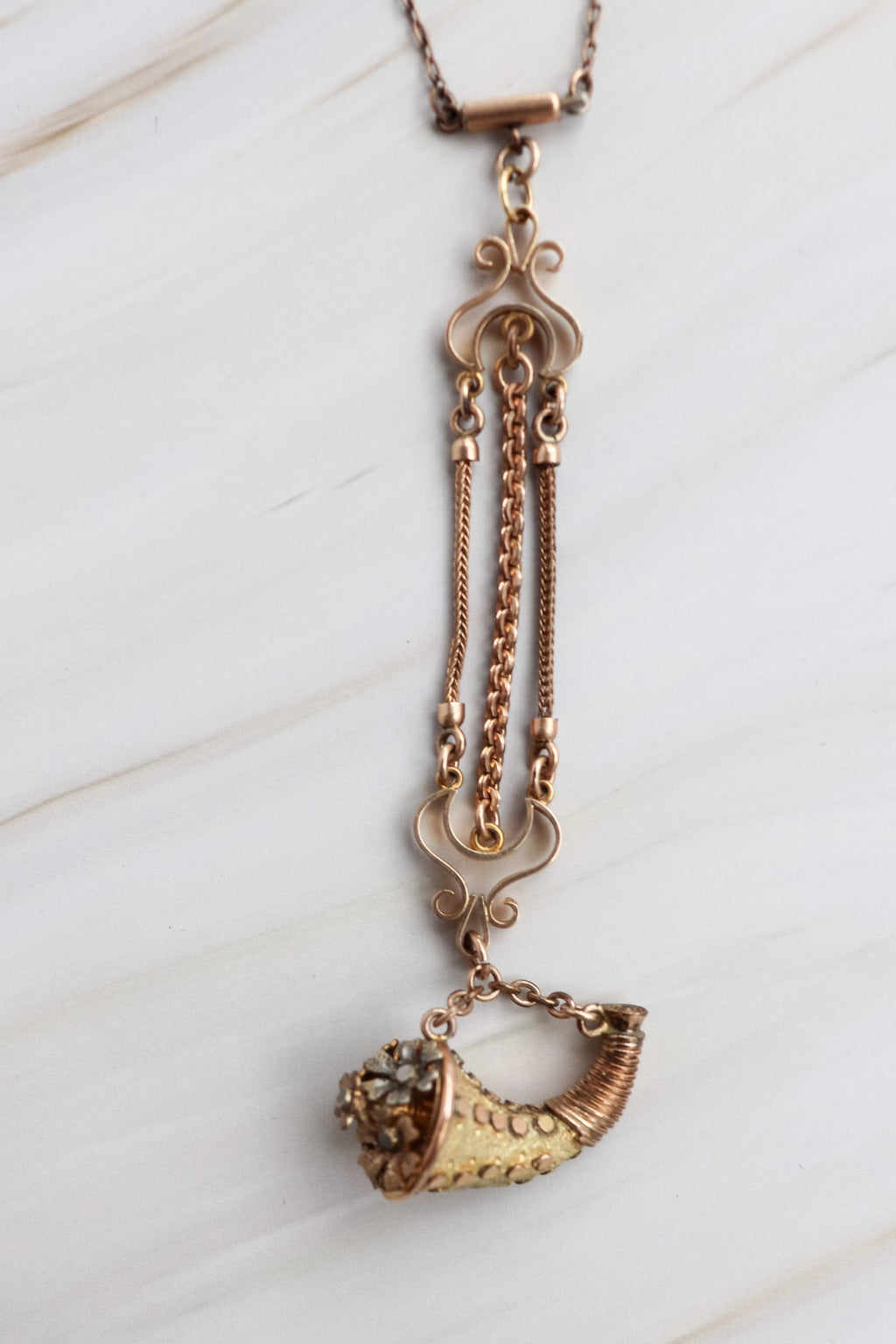Late 1800's victorian gold horn necklace with old watch fab