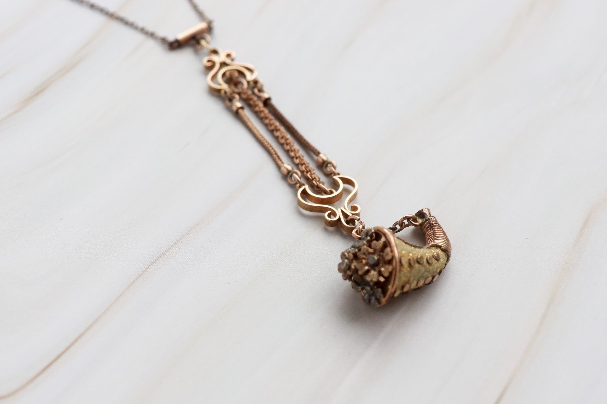 Late 1800's victorian gold horn necklace with old watch fab