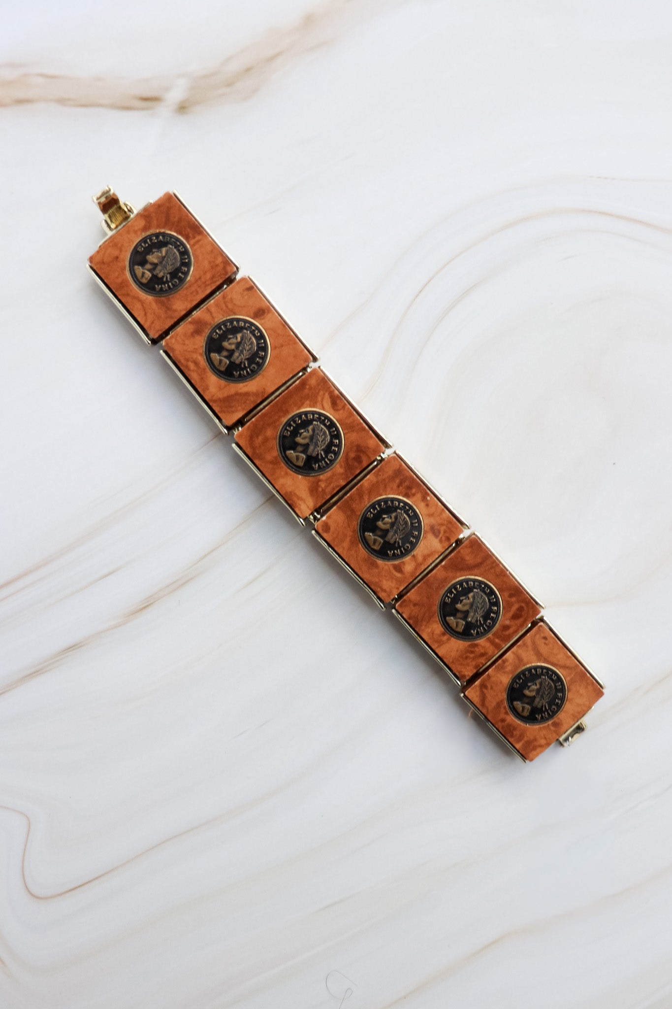 Vintage Coin wide wood link bracelet 1950's