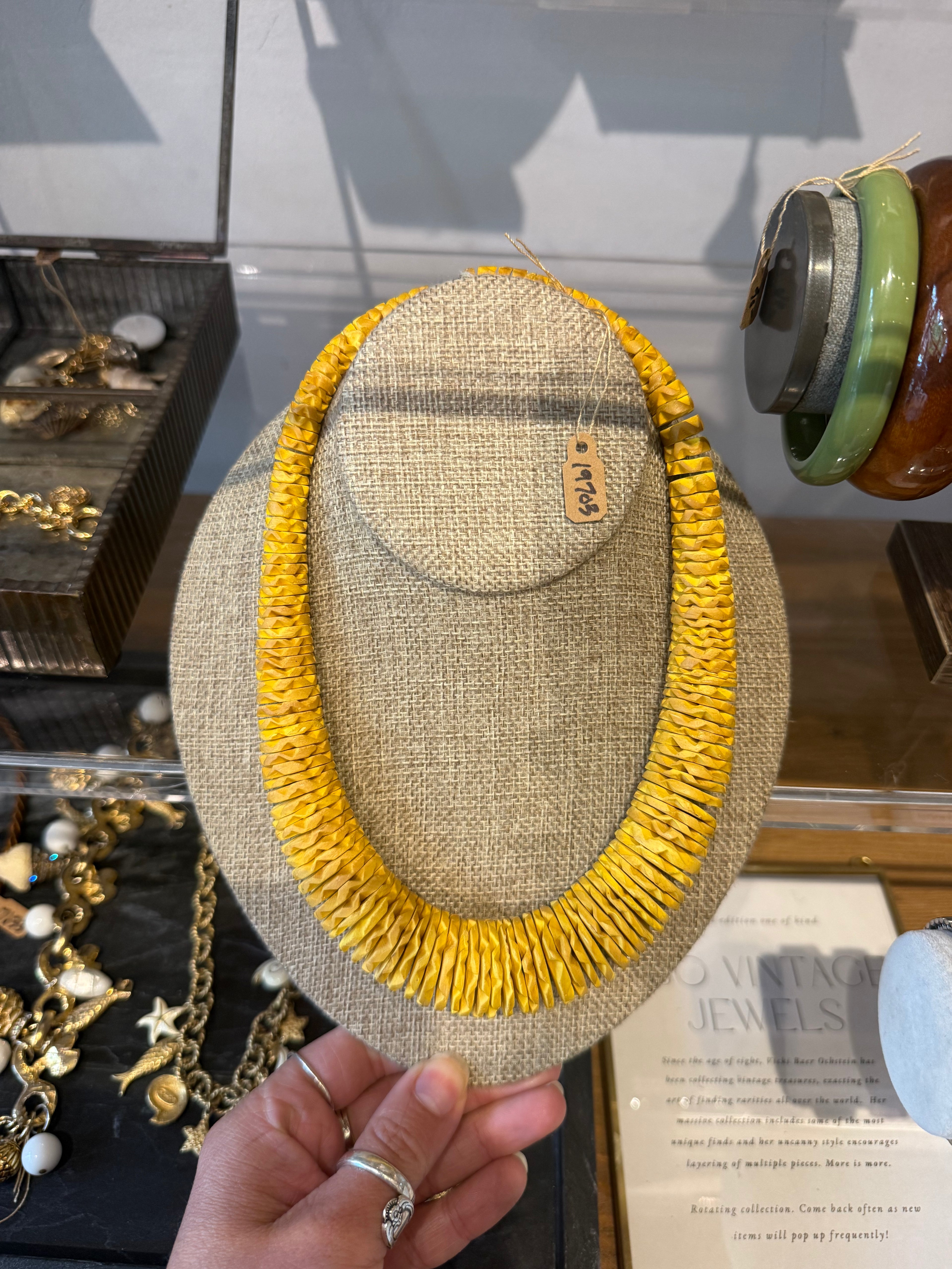 Vintage Yellow Etched Wood Necklace