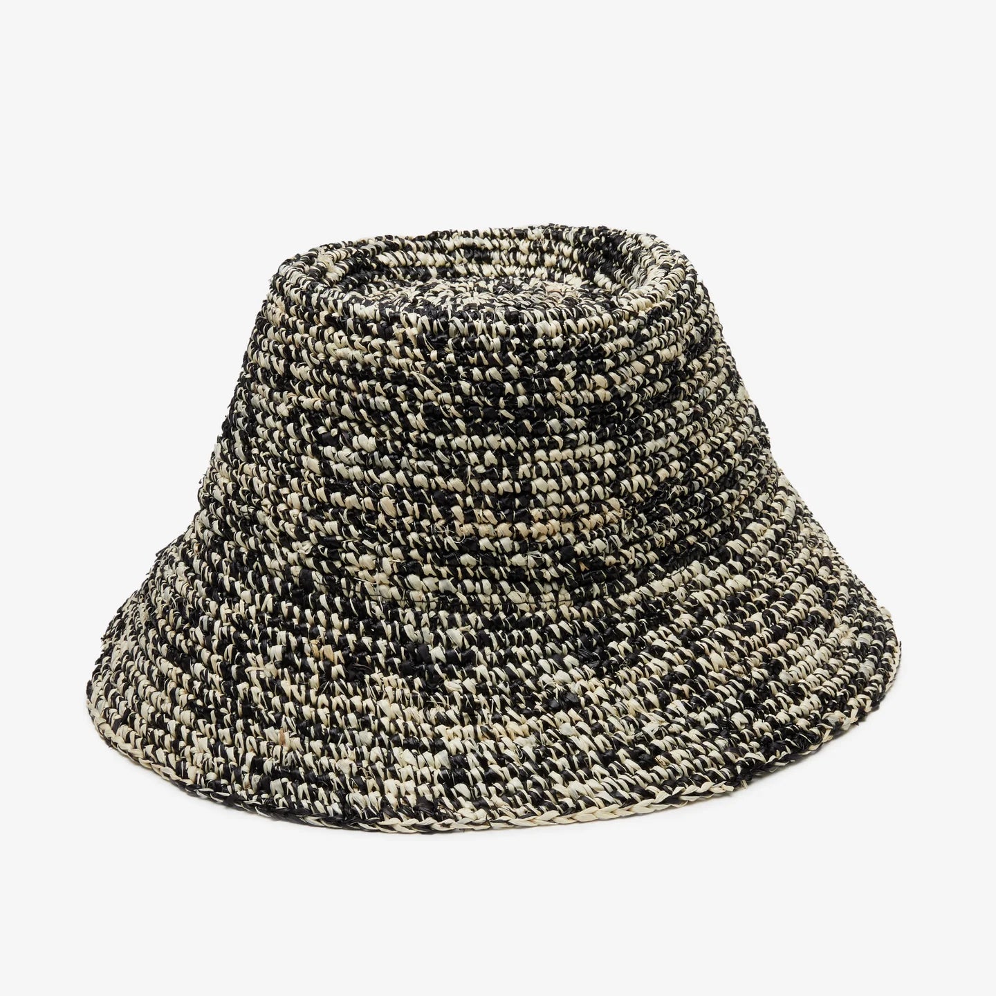 Textured off white and black raffia bucket hat on a white background