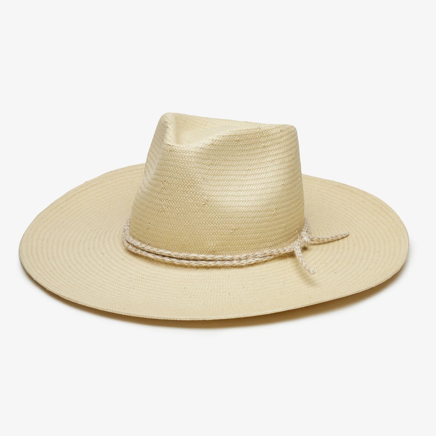 Beige straw hat with a wide brim on a white background