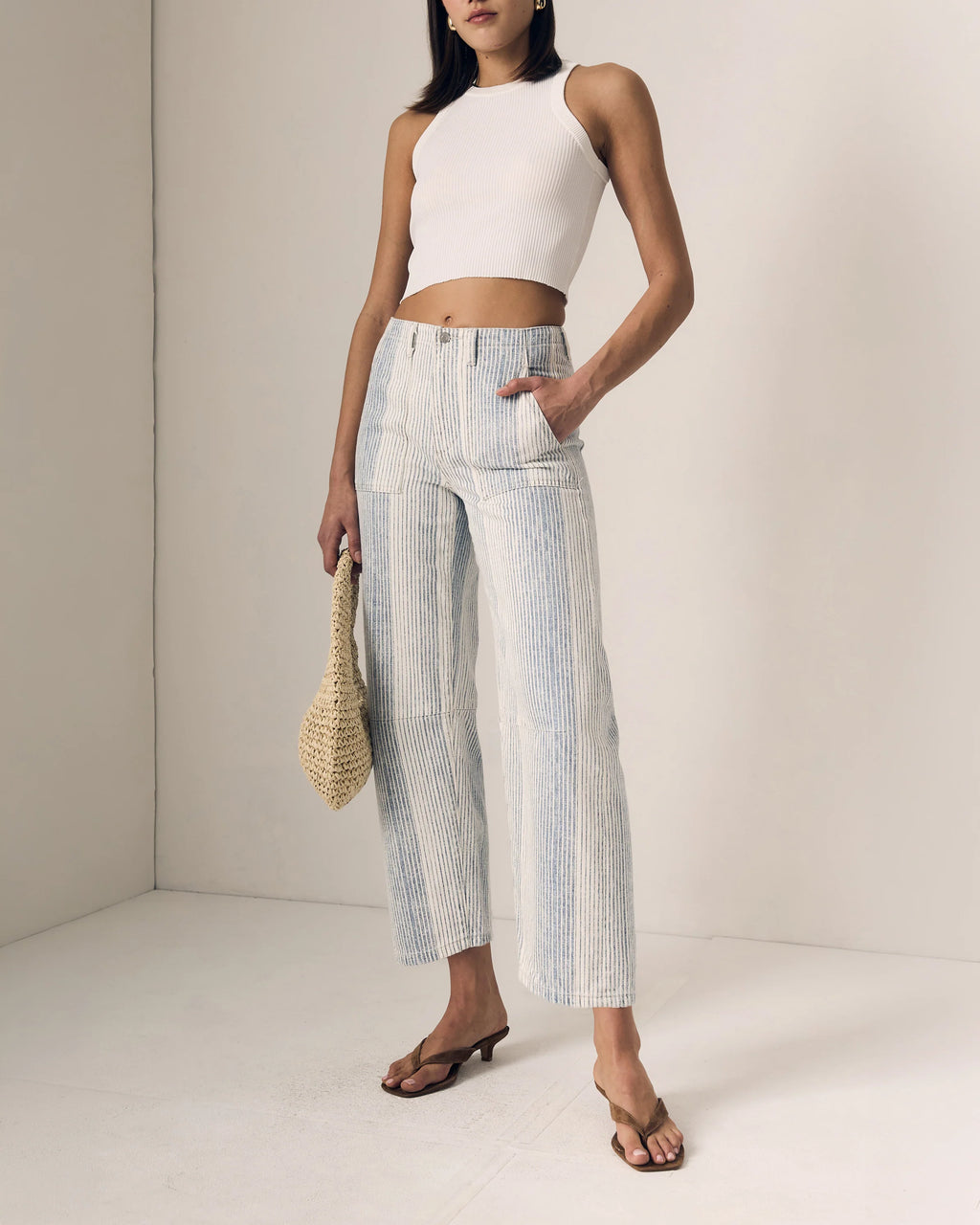 white and blue stipe denim barrel pants, barrel denim, pattern barrel jeans, stripe barrel jeans, stripe barrel denim 