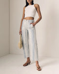 white and blue stipe denim barrel pants, barrel denim, pattern barrel jeans, stripe barrel jeans, stripe barrel denim 