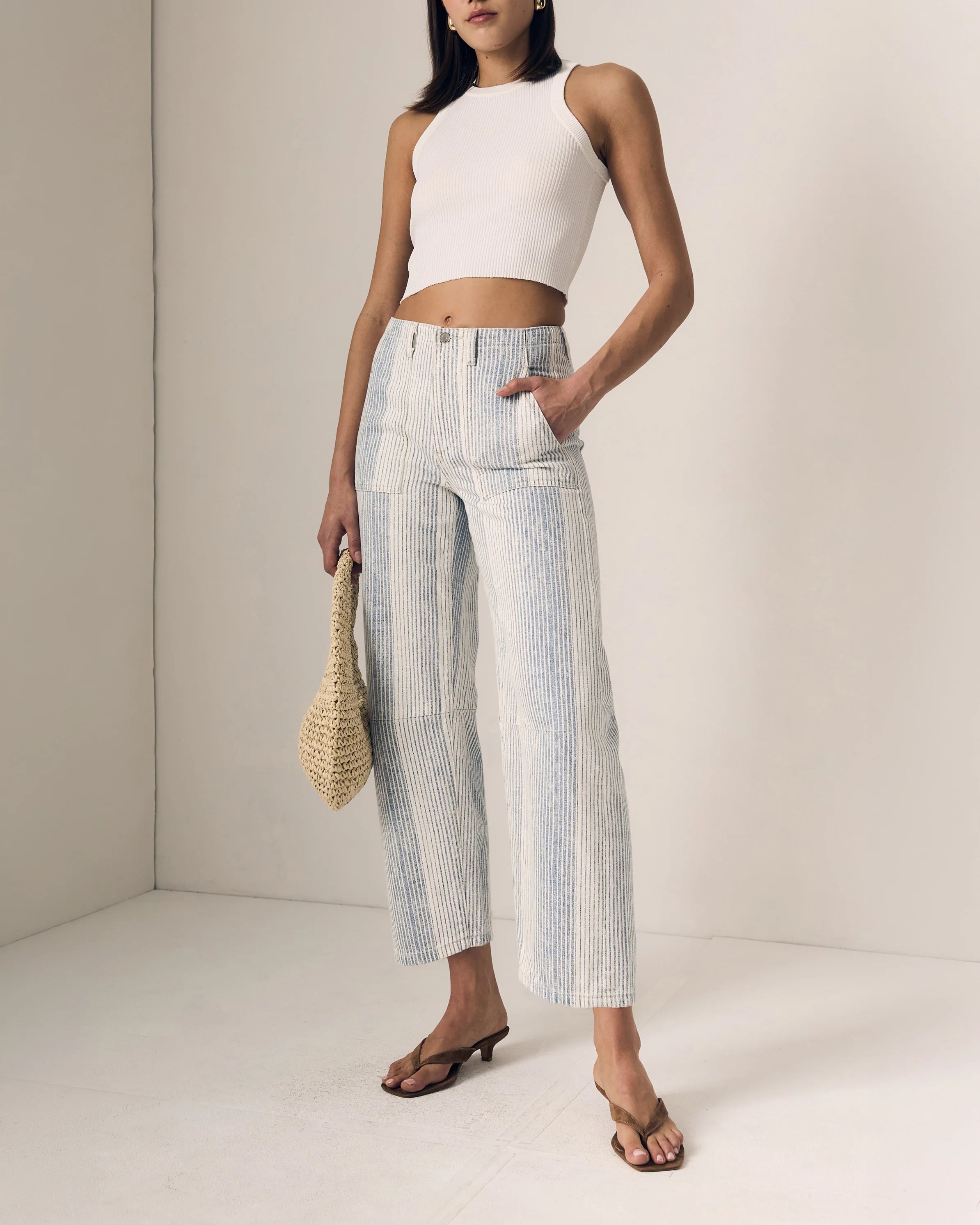 white and blue stipe denim barrel pants, barrel denim, pattern barrel jeans, stripe barrel jeans, stripe barrel denim 