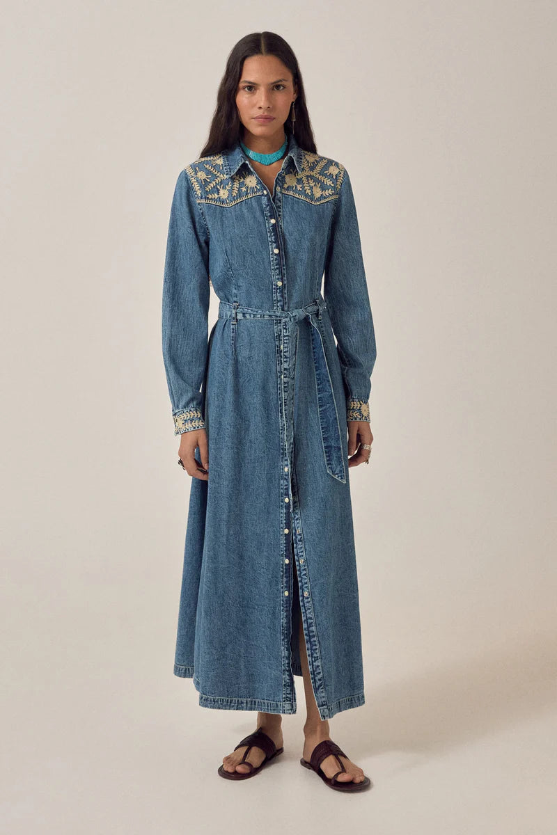 Arizona Embroidered Denim Long Sleeve Maxi Dress