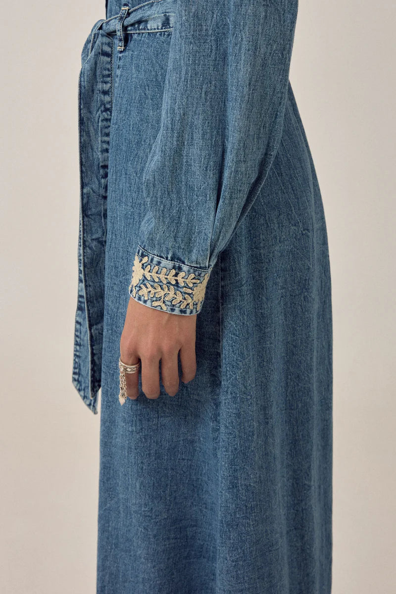 Arizona Embroidered Denim Long Sleeve Maxi Dress