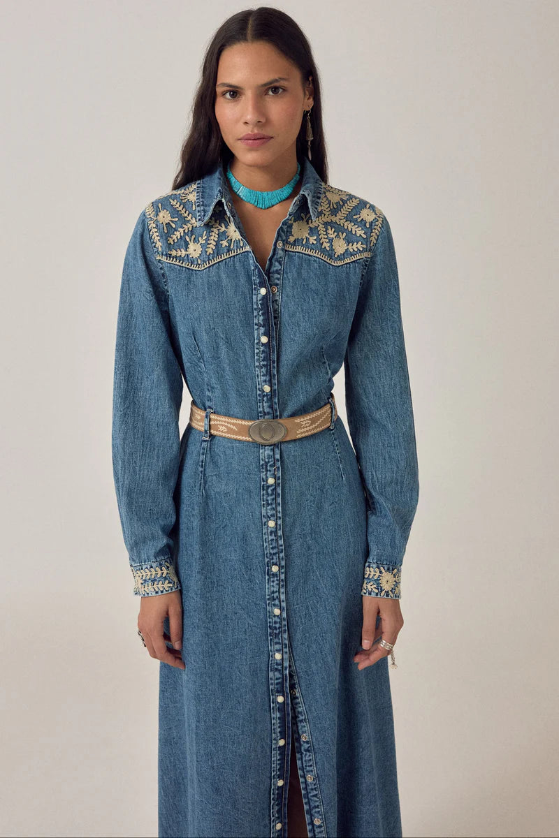 Arizona Embroidered Denim Long Sleeve Maxi Dress